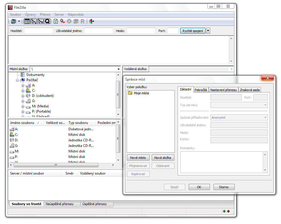 Obrázek zobrazuje jednoduché a přehledné grafické rozhraní programu FileZilla